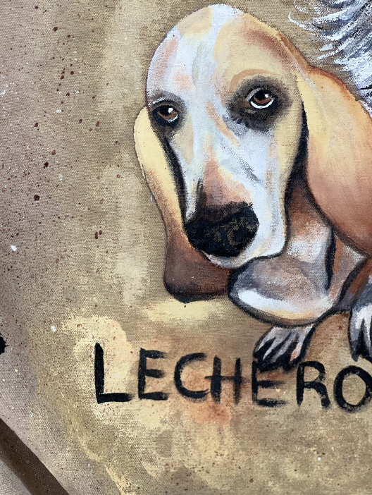 Retrato de tres perritos pintados a mano en chamarra de mezclilla diseño juliepots