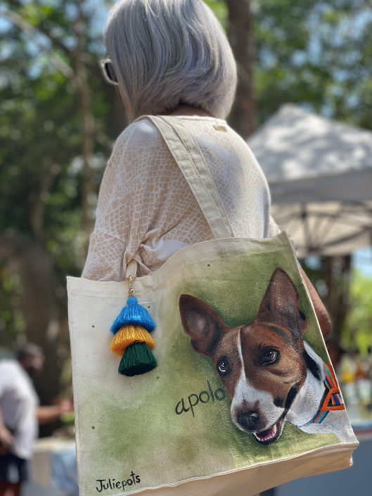 bolsa pintada a mano con el retrato de tu perro.