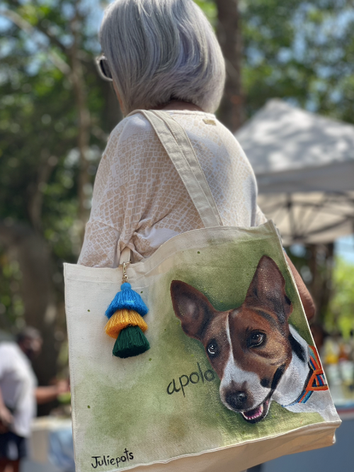 bolsa pintada a mano con el retrato de tu perro.