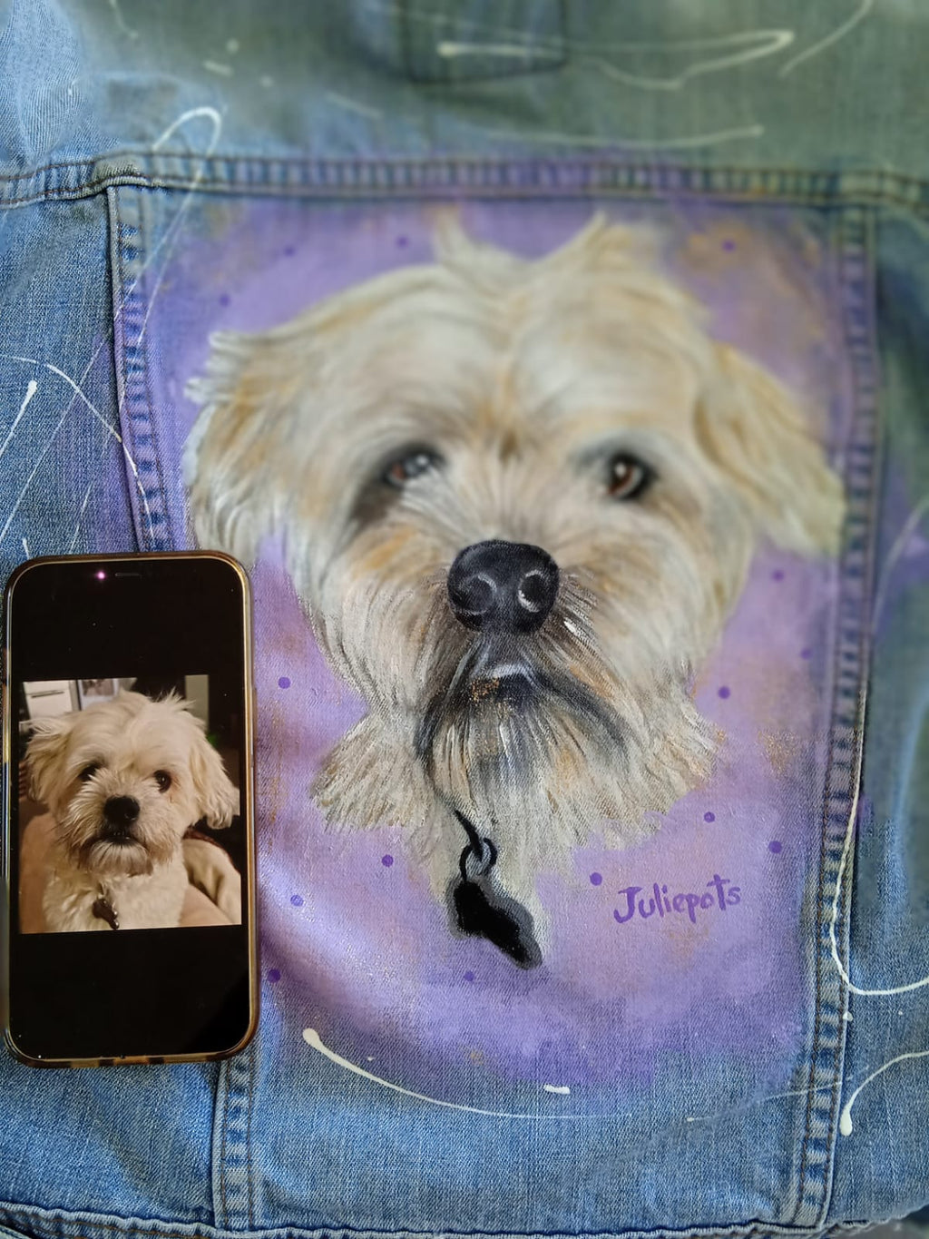 Chamarra de mezclilla azul con retrato de perro pintado a mano, regalo personalizado