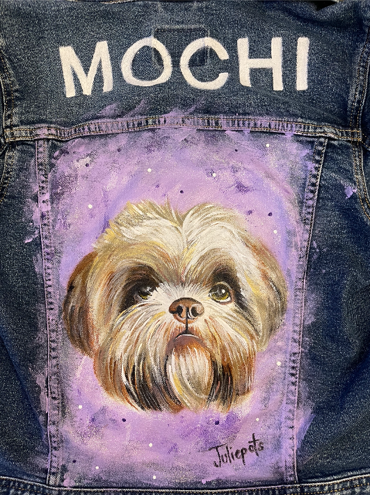 Chamarra de mezclilla azul con retrato de perro pintado a mano, regalo personalizado